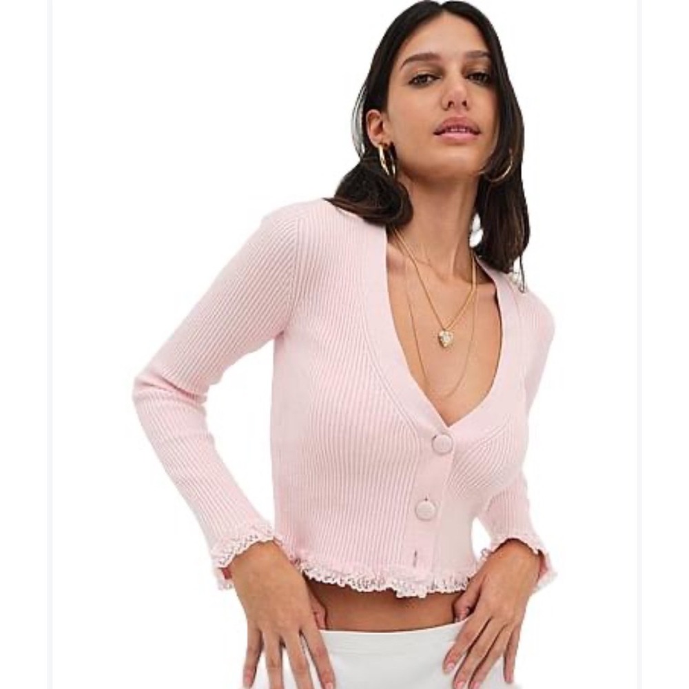 For Love & Lemons Victoria's Secret Pink Ribbed Lace Trim Cropped Cardigan Sm